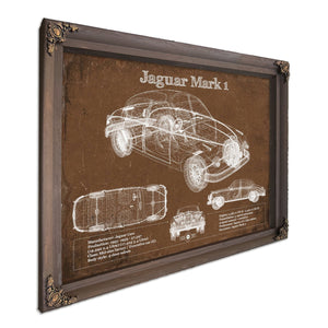 Jaguar Mark 1 Saloon Blueprint Art Print in a Bourbon stained wood frame with antique gold corners