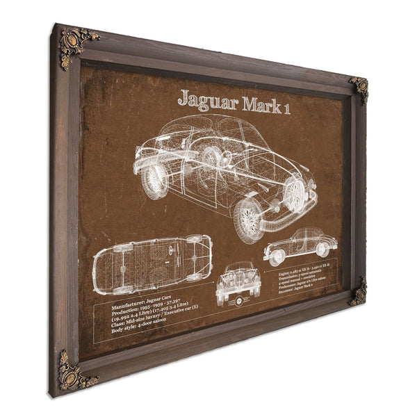 Jaguar Mark 1 Saloon Blueprint Art Print in a Bourbon stained wood frame with antique gold corners