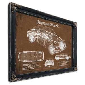 Jaguar Mark 1 Saloon Blueprint Art Print in a distressed Vintage Black wood frame with ornate corners