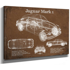 Jaguar Mark 1 Saloon Blueprint Art Print as a stretched canvas wrap with gallery wrapped edges