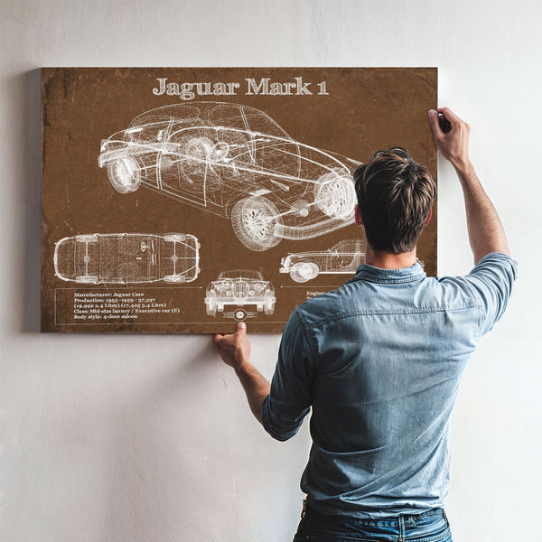 Jaguar Mark 1 Saloon Blueprint Art Print framed in Vintage Black above a mid-century record console
