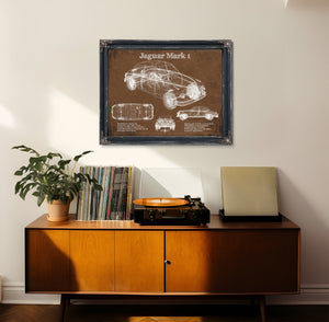 Jaguar Mark 1 Saloon Blueprint Art Print framed in Vintage Black in a loft bedroom