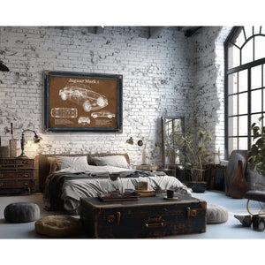 Jaguar Mark 1 Saloon Blueprint Art Print framed in Vintage Black in a farmhouse entryway