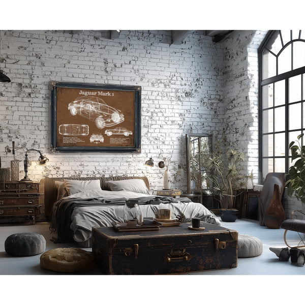 Jaguar Mark 1 Saloon Blueprint Art Print framed in Vintage Black in a farmhouse entryway