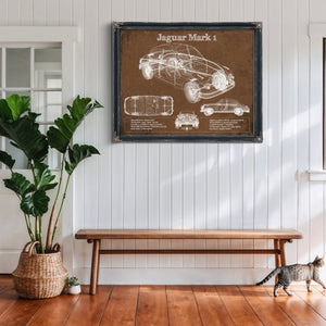 Jaguar Mark 1 Saloon Blueprint Art Print framed in Vintage Black above a rustic console table