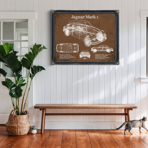 Jaguar Mark 1 Saloon Blueprint Art Print framed in Vintage Black above a rustic console table