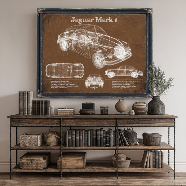 Jaguar Mark 1 Saloon Blueprint Art Print canvas print size guide 24x18 36x24 48x36 inches