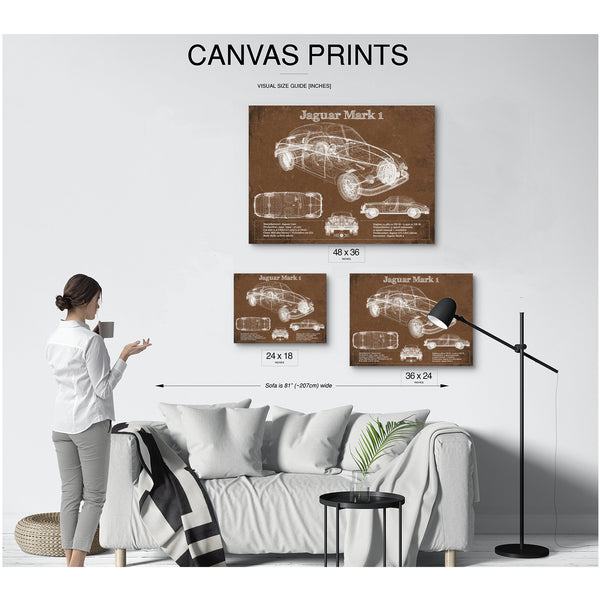 Jaguar Mark 1 Saloon Blueprint Art Print displayed on a wall