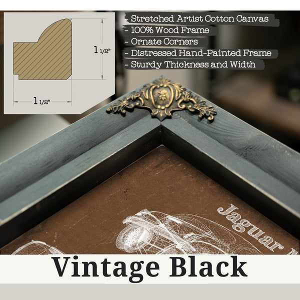 Vintage Black frame corner detail, 1.5 inch ornate wood moulding, Jaguar Mark 1 Saloon Blueprint Art Print
