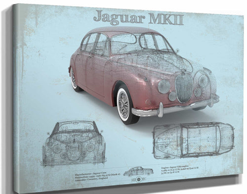 14" x 11" / Stretched Canvas Wrap Cutler West Jaguar Mark 2 MKII Car Original Blueprint Art