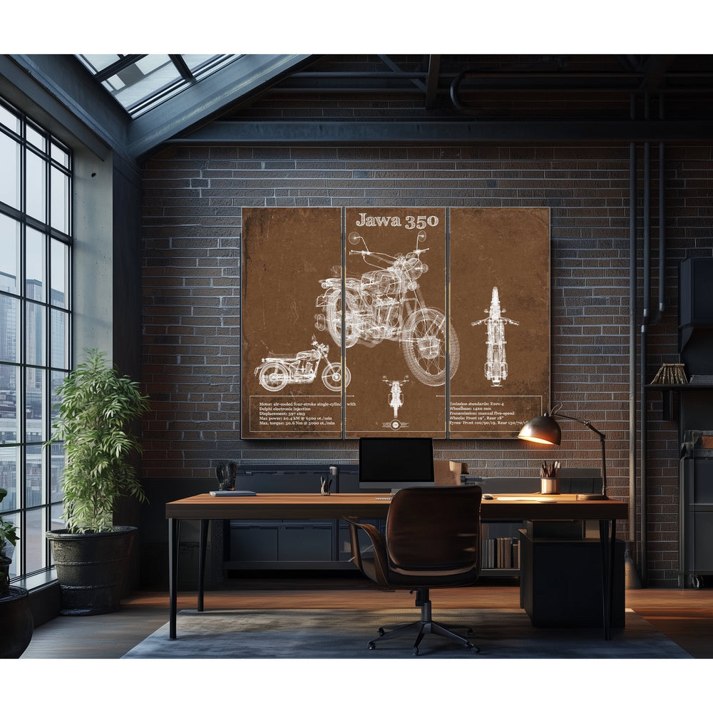 Jawa 350 Blueprint Motorcycle Print in a distressed Vintage Black wood frame with ornate corners