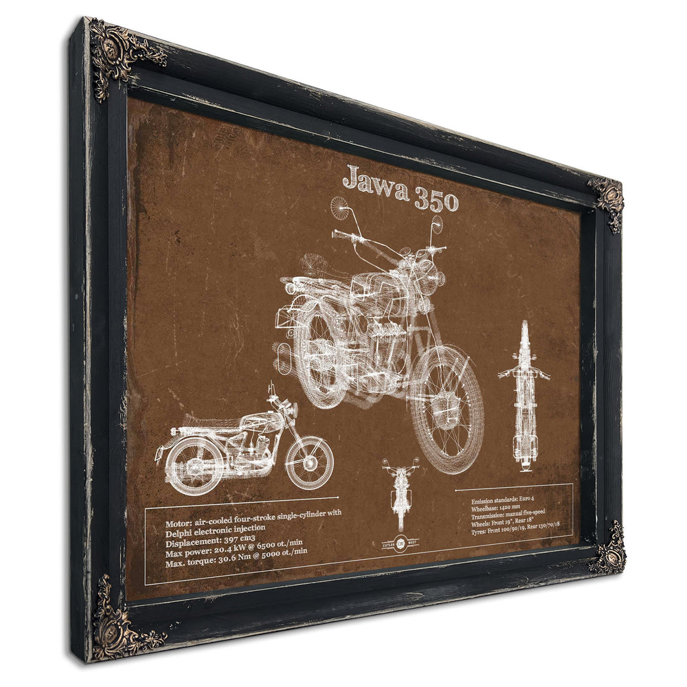 Jawa 350 Blueprint Motorcycle Print in a distressed Vintage Black wood frame with ornate corners