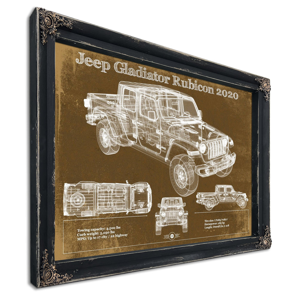 2020 Jeep Gladiator Rubicon Blueprint Art Print in a distressed Vintage Black wood frame with ornate corners