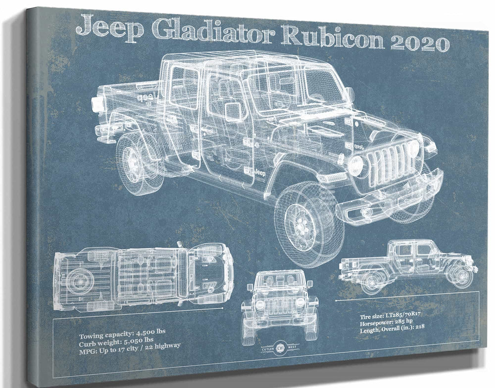 14" x 11" / Stretched Canvas Wrap Cutler West Jeep Gladiator Rubicon 2020 Vintage Blueprint Auto Print