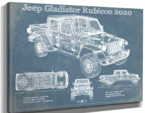 14" x 11" / Stretched Canvas Wrap Cutler West Jeep Gladiator Rubicon 2020 Vintage Blueprint Auto Print