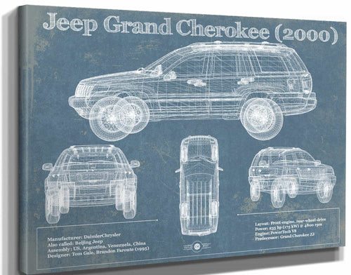 14" x 11" / Stretched Canvas Wrap Cutler West Jeep Grand Cherokee 2000 Vintage Blueprint Auto Print