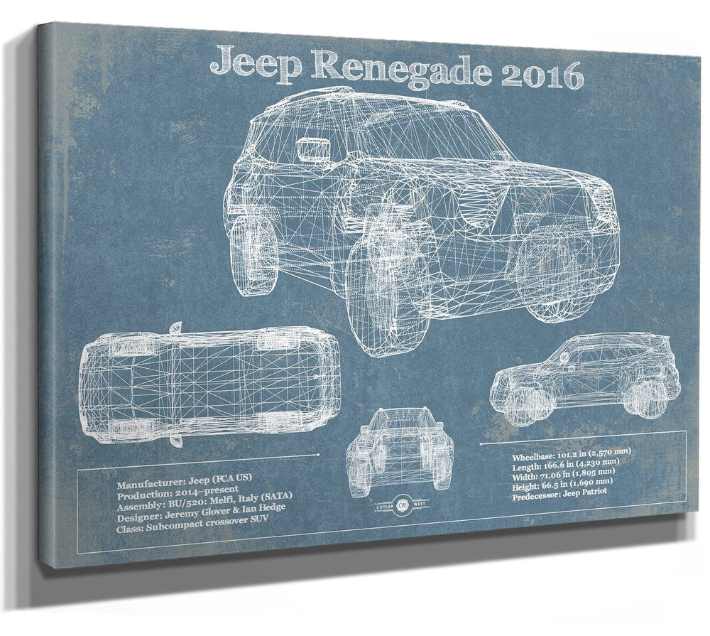14" x 11" / Stretched Canvas Wrap Cutler West Jeep Renegade 2016 Blueprint Vintage Auto Print