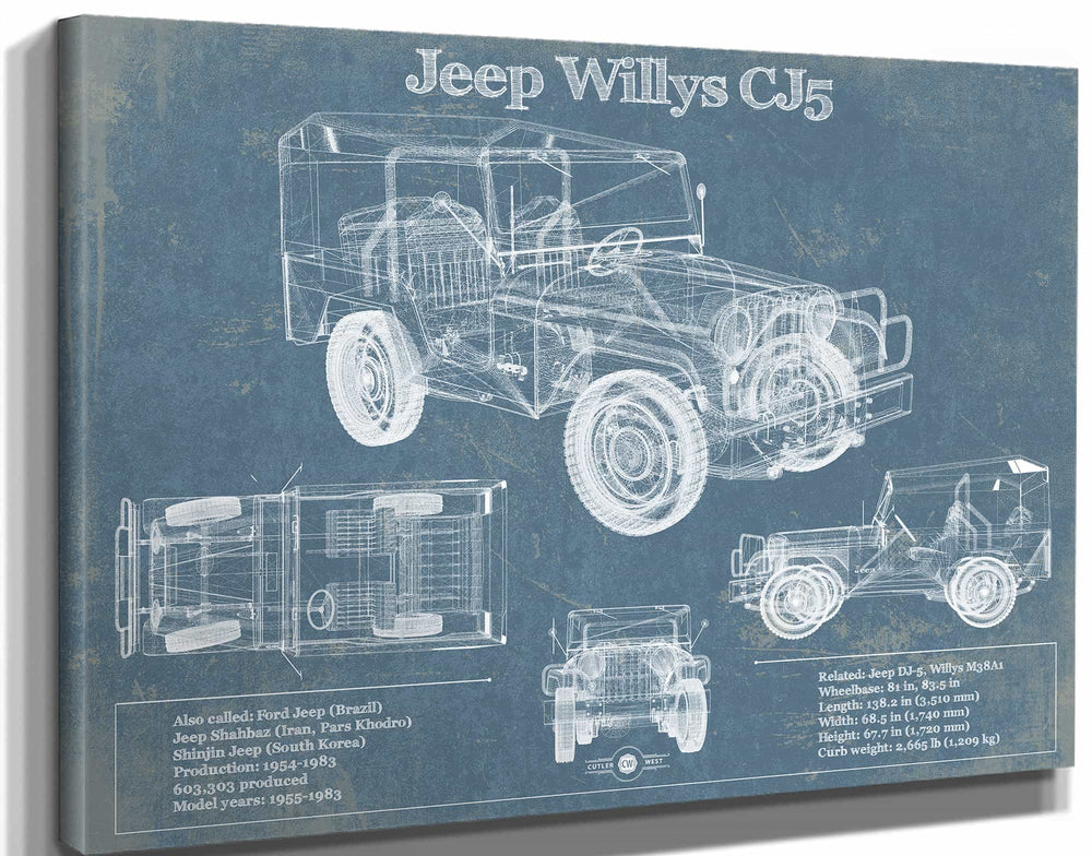 14" x 11" / Stretched Canvas Wrap Cutler West Jeep Willys CJ5 Army Truck Original Patent Print
