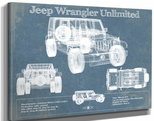 14" x 11" / Stretched Canvas Wrap Cutler West Jeep Wrangler Unlimited Vintage Blueprint Auto Print
