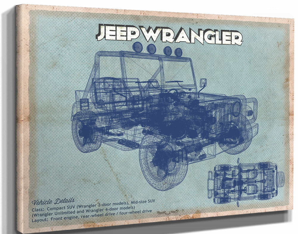 14" x 11" / Stretched Canvas Wrap Cutler West Jeep Wrangler Vintage Blueprint Auto Print