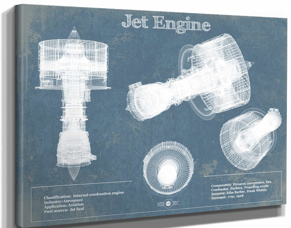 14" x 11" / Stretched Canvas Wrap Cutler West Jet Engine Vintage Original Blueprint Print