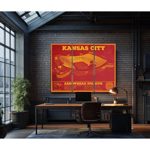 Kansas City Chiefs Arrowhead Stadium Print as a 3 panel canvas wrap in an industrial loft office