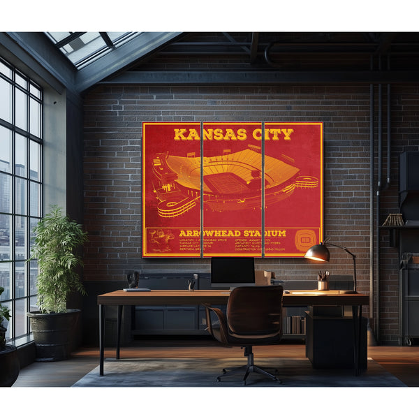 Kansas City Chiefs Arrowhead Stadium Print as a 3 panel canvas wrap in an industrial loft office
