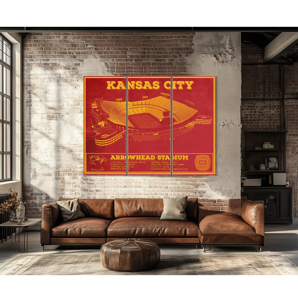 Kansas City Chiefs Arrowhead Stadium Print as a 3 panel canvas wrap above a leather sofa