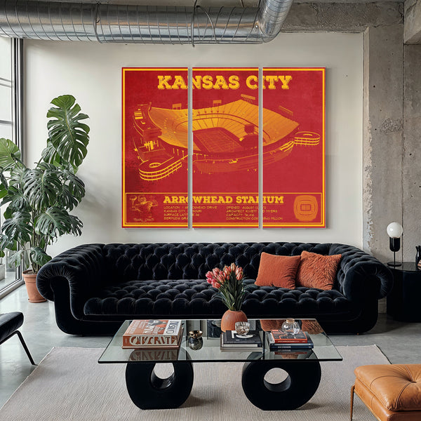 Kansas City Chiefs Arrowhead Stadium Print as a 3 panel canvas wrap in a modern living room