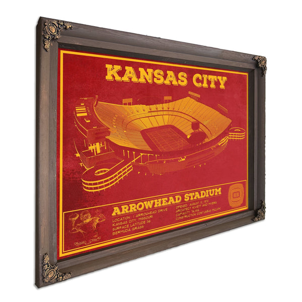 Kansas City Chiefs Arrowhead Stadium Print in a Bourbon stained wood frame with antique gold corners