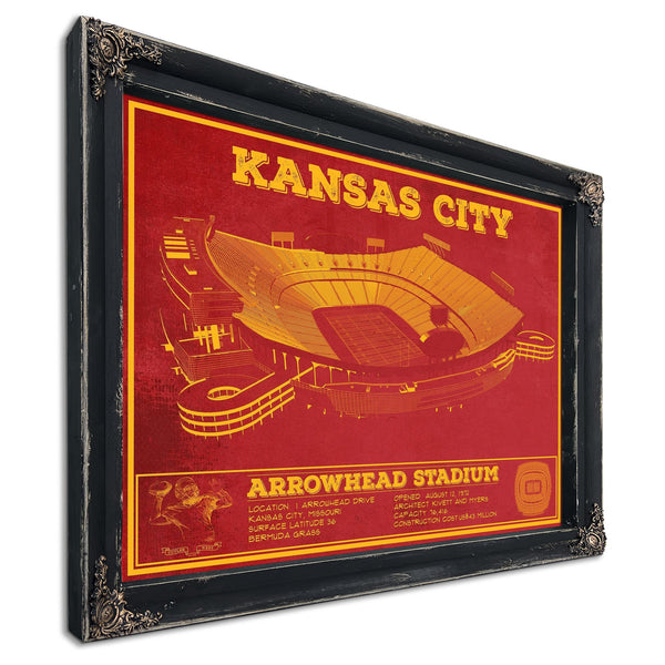 Kansas City Chiefs Arrowhead Stadium Print in a distressed Vintage Black wood frame with ornate corners
