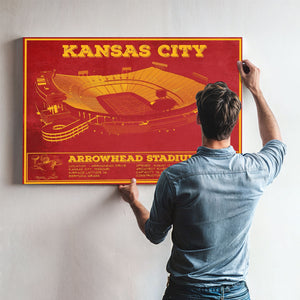 Kansas City Chiefs Arrowhead Stadium Print framed in Vintage Black above a mid-century record console
