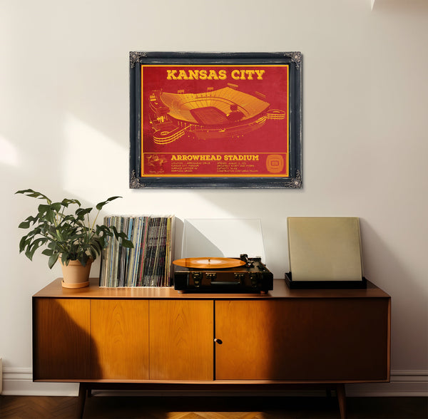 Kansas City Chiefs Arrowhead Stadium Print framed in Vintage Black in a loft bedroom