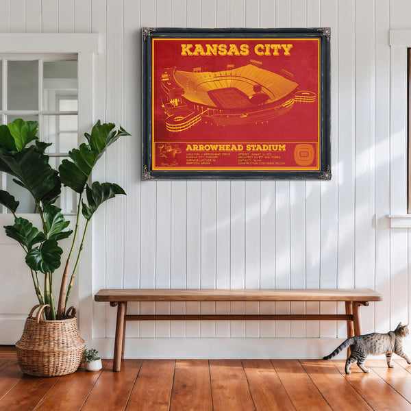 Kansas City Chiefs Arrowhead Stadium Print framed in Vintage Black above a rustic console table