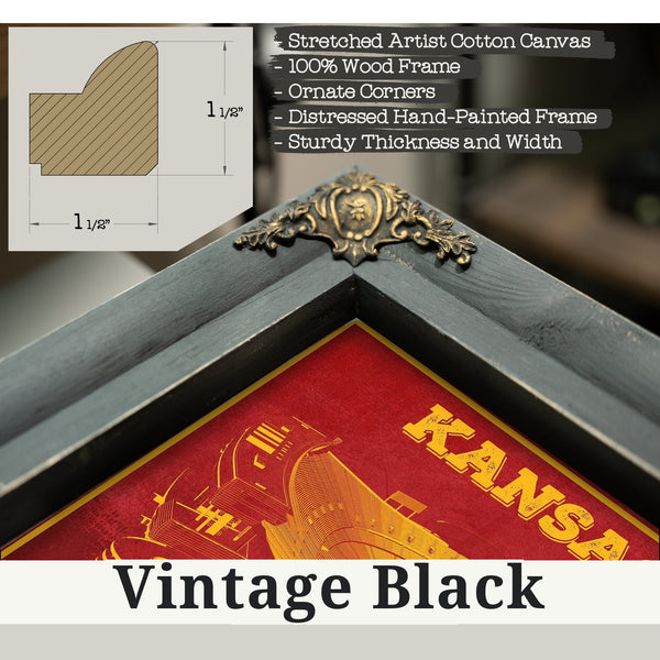 Vintage Black frame corner detail, 1.5 inch ornate wood moulding, Kansas City Chiefs Arrowhead Stadium Print