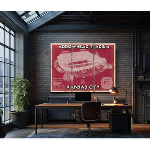 Kansas City Chiefs Arrowhead Stadium Print as a 3 panel canvas wrap in an industrial loft office