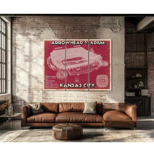 Kansas City Chiefs Arrowhead Stadium Print as a 3 panel canvas wrap above a leather sofa