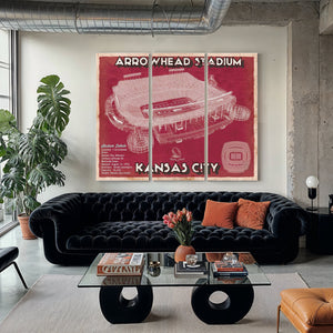 Kansas City Chiefs Arrowhead Stadium Print as a 3 panel canvas wrap in a modern living room