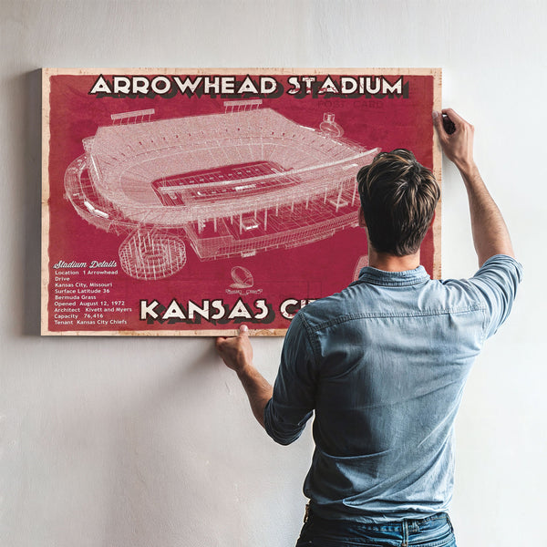 Kansas City Chiefs Arrowhead Stadium Print framed in Vintage Black above a mid-century record console