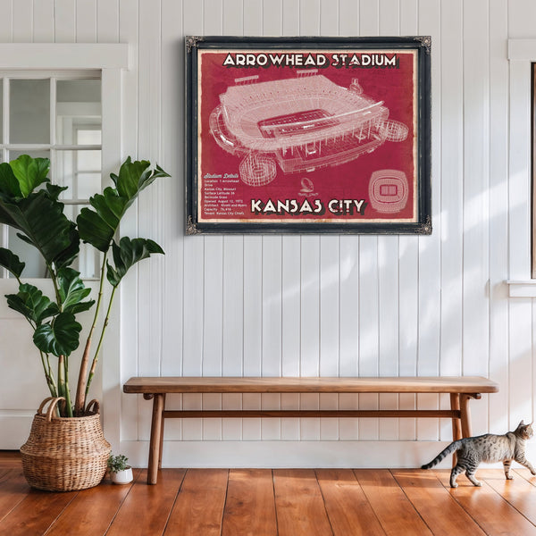 Kansas City Chiefs Arrowhead Stadium Print framed in Vintage Black above a rustic console table