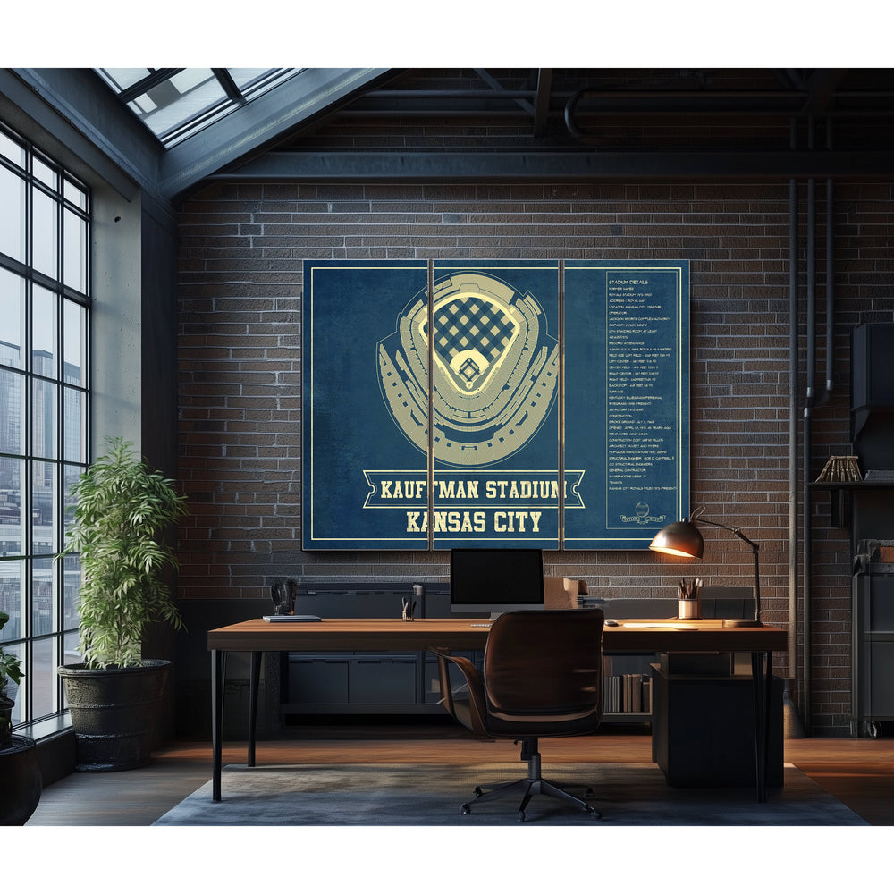Kansas City Royals Kauffman Stadium Seating Print in a distressed Vintage Black wood frame with ornate corners