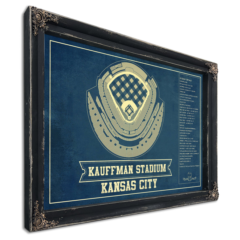 Kansas City Royals Kauffman Stadium Seating Print in a distressed Vintage Black wood frame with ornate corners