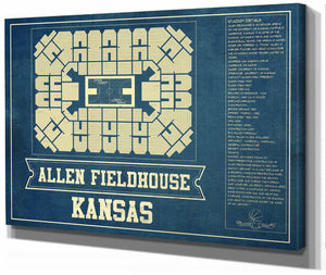 14" x 11" / Stretched Canvas Wrap Cutler West Kansas Jayhawks - Allen Fieldhouse Seating Chart - College Basketball Blueprint Art