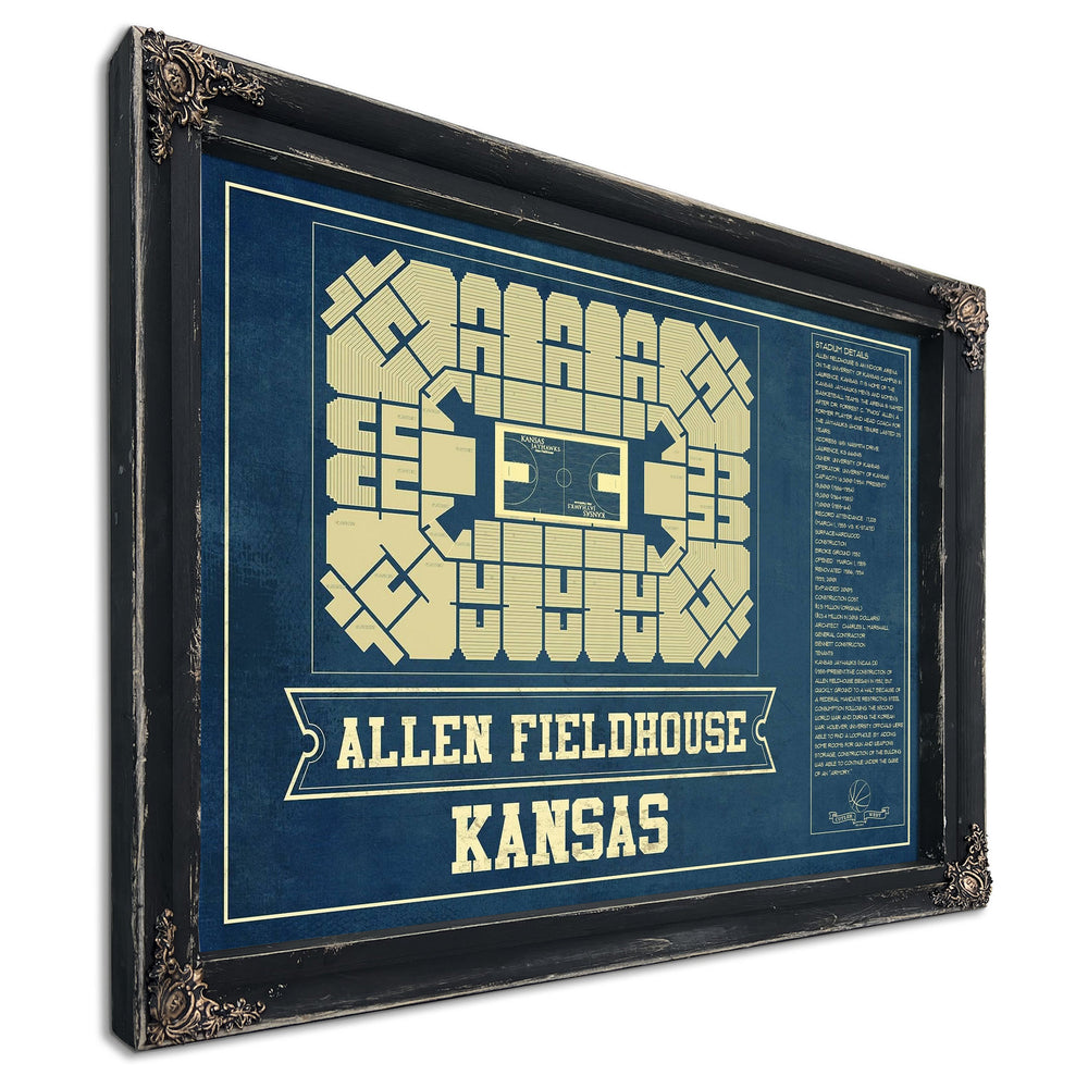 Kansas Jayhawks - Allen Fieldhouse Seating Chart - College Print in a distressed Vintage Black wood frame with ornate corners