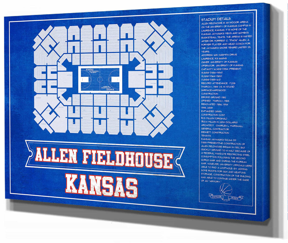14" x 11" / Stretched Canvas Wrap Cutler West Kansas Jayhawks - Allen Fieldhouse Seating Chart - College Basketball Blueprint Team Color Art