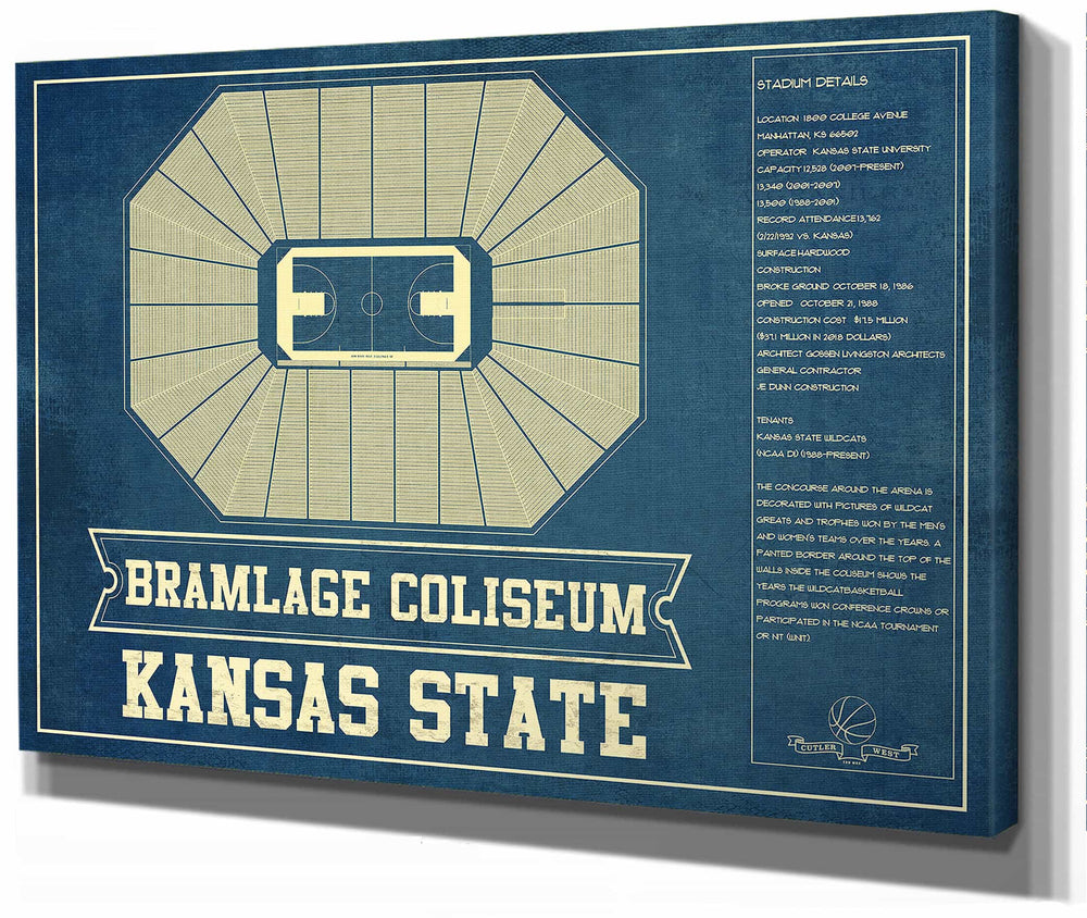 14" x 11" / Stretched Canvas Wrap Cutler West Kansas State Wildcats -Bramlage Coliseum Seating Chart - College Basketball Blueprint Art