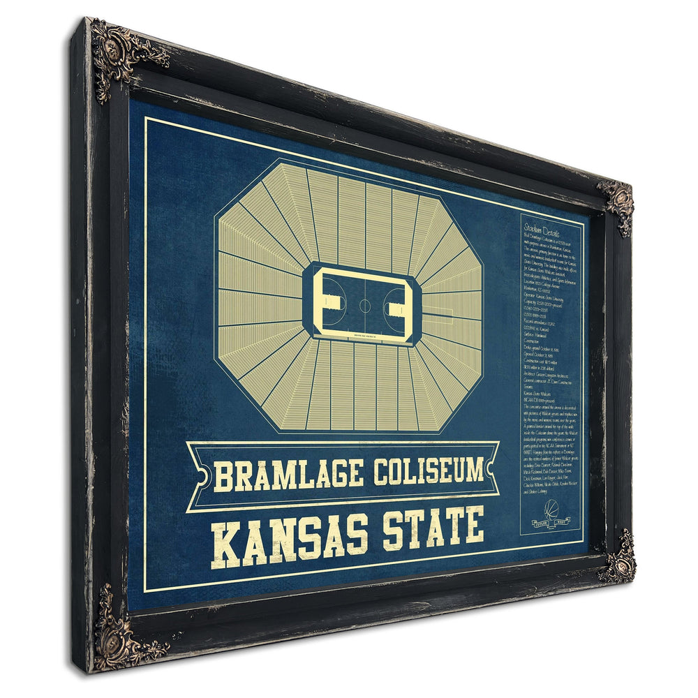 Kansas State Wildcats -Bramlage Coliseum Stadium Print in a distressed Vintage Black wood frame with ornate corners