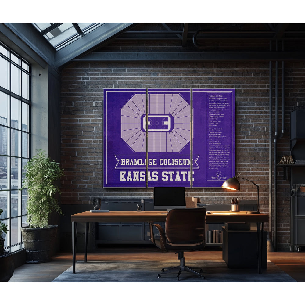 Kansas State Wildcats -Bramlage Coliseum Stadium Print in a distressed Vintage Black wood frame with ornate corners