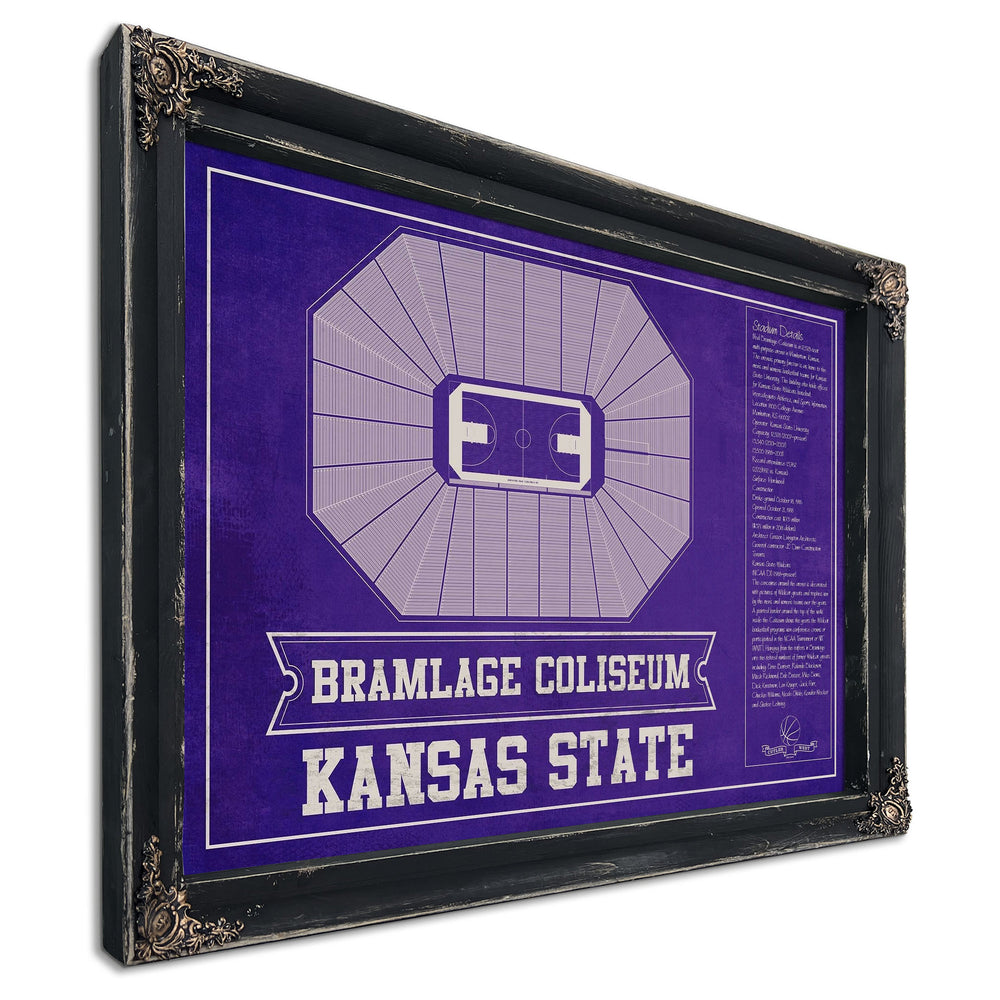 Kansas State Wildcats -Bramlage Coliseum Stadium Print in a distressed Vintage Black wood frame with ornate corners