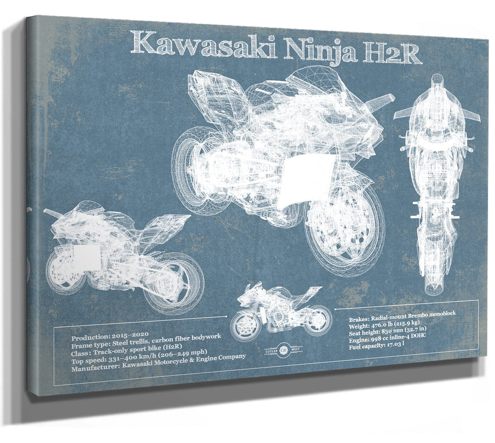 14" x 11" / Stretched Canvas Wrap Cutler West Kawasaki H2R Ninja Blueprint Motorcycle Patent Print